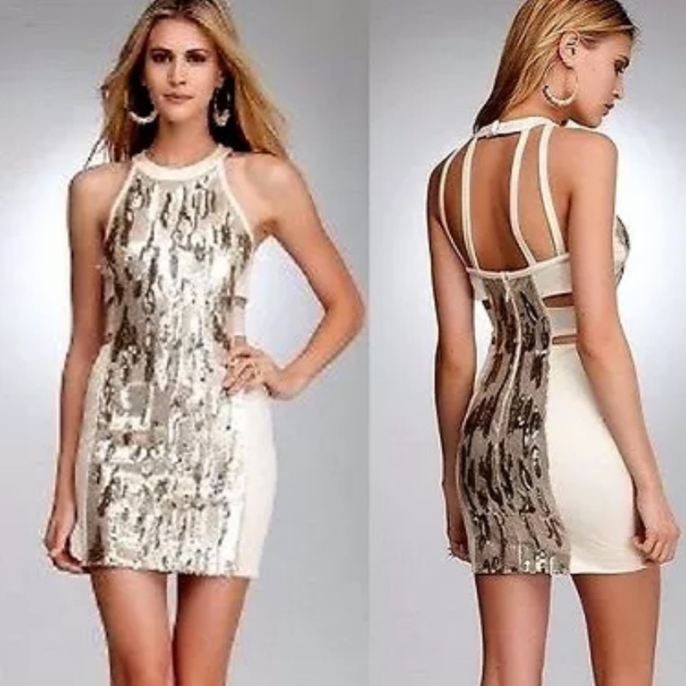 NWT bebe pink sequin textured halter cutout open back bodycon top dress size S